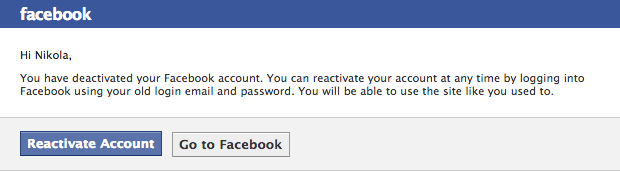 Facebook deactivation email